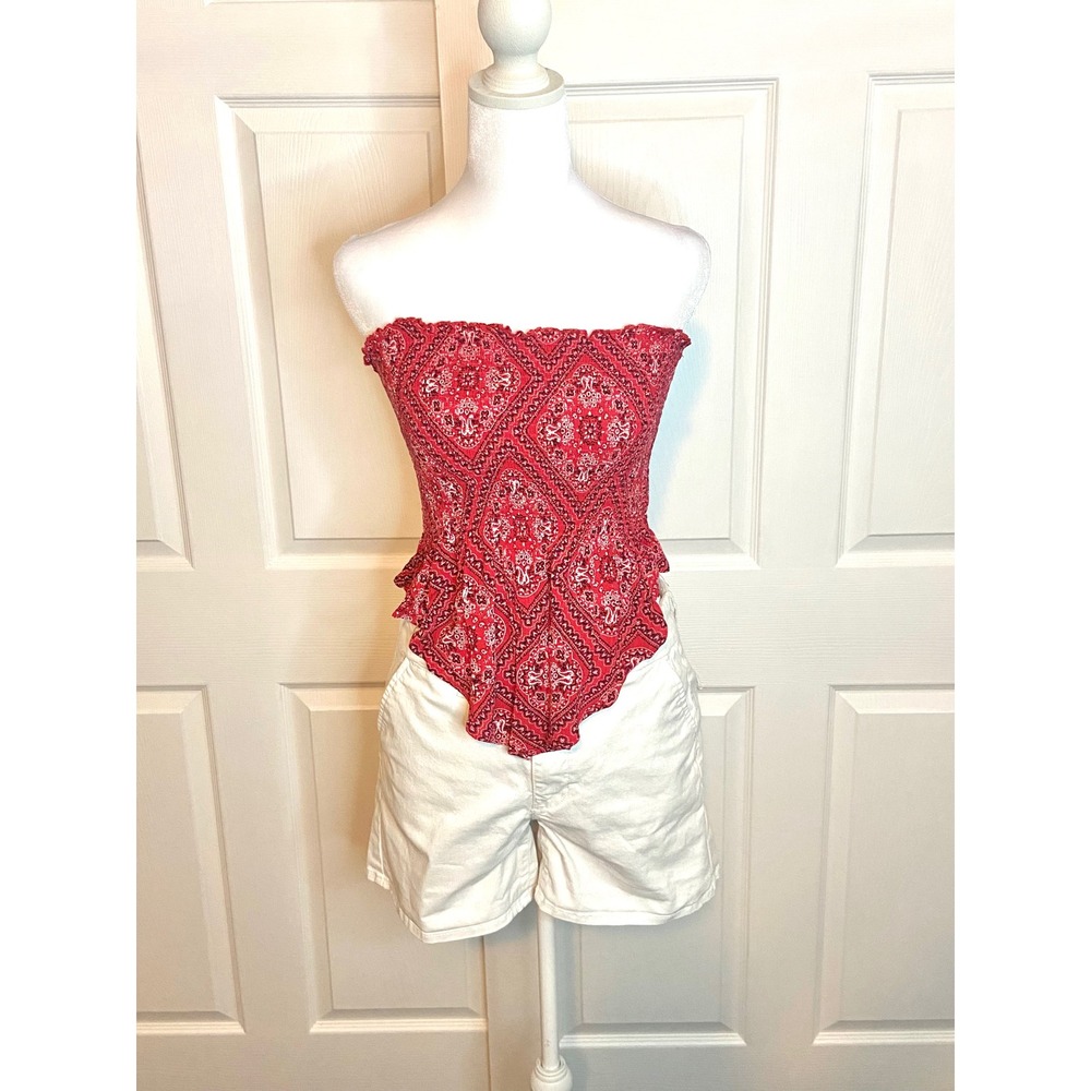 New Look Red Bandana Print Smocked Tube Top Handkerchief Hem Strapless Large Y2K
